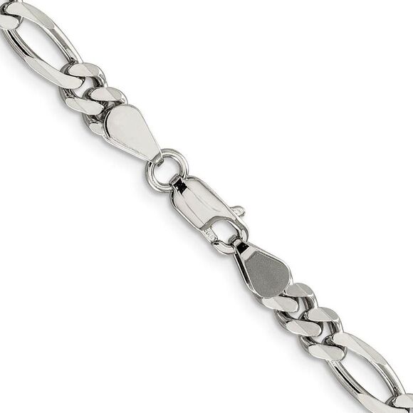 5.25mm Rhodium Sterling Silver Solid Figaro Chain Bracelet, 7 Inch